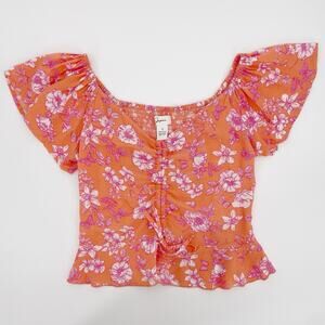 Japna Floral Ruched Crop Top S‎ Puff Sleeve Smocked Cottagecore Y2K Romantic